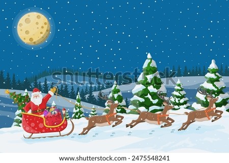 Christmas background. Santa claus rides reindeer sleigh. Night winter landscape with fir trees forest, fullmoon and snowing. New year celebration. New year xmas holiday. Vector illustration flat style