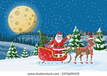 Christmas background. Santa claus rides reindeer sleigh. Night winter landscape with fir trees forest, fullmoon and snowing. New year celebration. New year xmas holiday. Vector illustration flat style