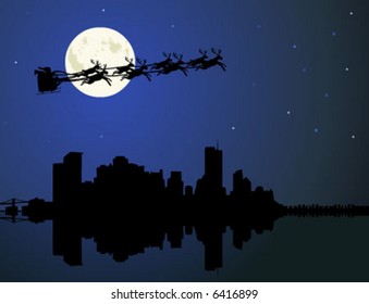Christmas background, Santa Claus riding his sleigh over a city
