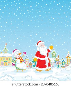 Christmas background with Santa Claus sledding a happy toy snowman through a pretty town on a snowy winter day, vector cartoon illustration