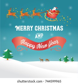 Christmas background, Santa Claus in a sleigh. Vector Illustration