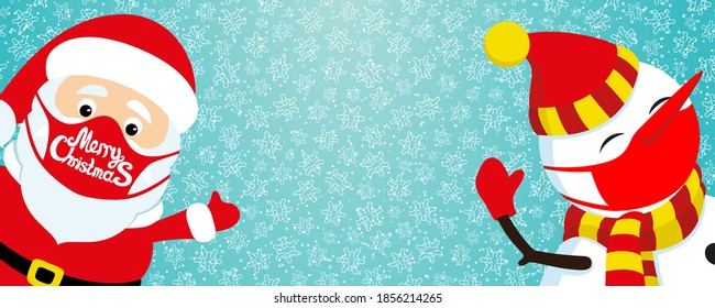 Christmas background with Santa Claus and a snowman in protective masks on a blue background with snowflakes in the form of coronaviruses.