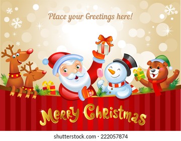 Christmas background with Santa Claus, a snowman, and other Christmas characters