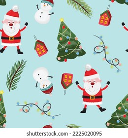 Christmas background with Santa Claus, snowman, houses, pine branches and light garland on blue background.