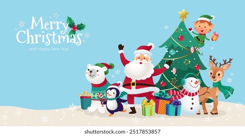 Christmas background with Santa Claus, snowman, elf, polar bear, reindeer, penguin, Christmas decoration and tree on snow day backdrop. Editable vector illustration for digital media and printed media