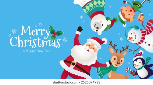 Christmas background with Santa Claus, snowman, elf, polar bear, reindeer, penguin, Christmas decoration on snow day backdrop. Editable vector illustration for digital media and printed media