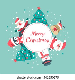 The Christmas background with Santa Claus, snowman, deer, penguin and Christmas tree. Vector illustration.