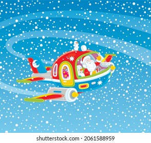 Christmas background with Santa Claus and a toy snowman friendly smiling, piloting a colorful high-speed plane with holiday gifts through heavy snowfall, vector cartoon illustration