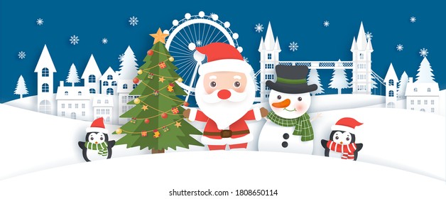 Christmas background with Santa clause and friends on the snow village in paper cut style.