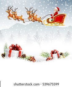 Christmas background with Santa Clause riding his reindeer sleight
