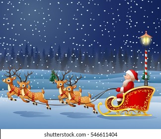 Christmas background with Santa Clause riding his reindeer sleight