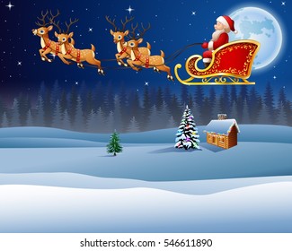 Christmas background with Santa Clause riding his reindeer sleight

