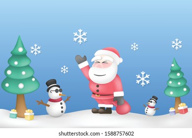 Christmas background with santa clouse pine tree, snow and snowman in cute style, Happy season and holiday concept.