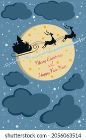 Christmas background with Santa and deers flying in the sky with moon on background