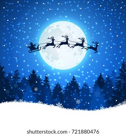 Christmas Background With Santa And Deers Flying On The Sky. Xmas Concept Reindeer And Santa Claus Illustration