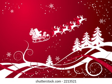 Christmas background with santa and deers, vector illustration