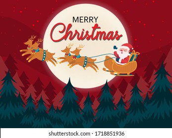 Christmas background with Santa driving his sleigh across the face of the moon on night and merry Christmas letters