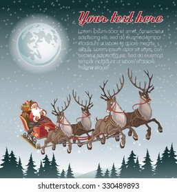 Christmas background with Santa driving his sleigh across the face of the moon on winter night and copyspace for your text