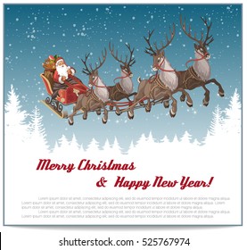 Christmas background with Santa driving his sleigh on winter night and copy-space for your text