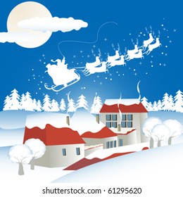 Christmas background with santa flying over a village with gifts