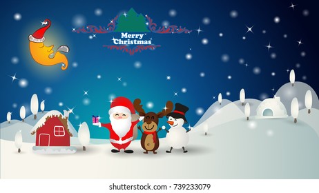 Christmas background with santa snowman and reindeer
