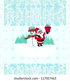  Christmas background. Santa and snowman. Vector drawing