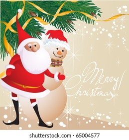 Fondo de Navidad con santa y hombres de nieve.