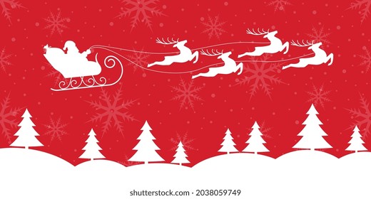 Christmas background with Santa's sleigh and reindeer. Winter landscape with fir trees and snowflake background. Xmas card, banner or poster design. Vector illustration. 
