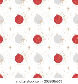 Christmas background. Seamless abstract pattern with Christmas trees, gifts and Christmas balls. Greeting card template. Vector illustration on a white background