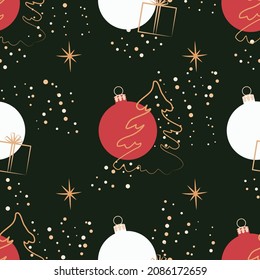Christmas background. Seamless abstract pattern with Christmas trees, gifts and red Christmas balls. Greeting card template. Vector illustration on black background