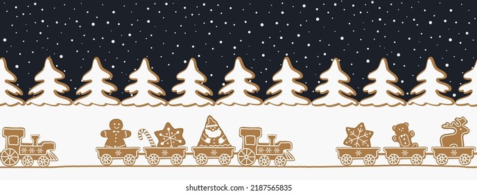 Christmas background. Seamless border. Gingerbread trains with sweets on a dark blue background. There are also white fir trees in the picture. Vector illustration