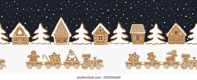 Christmas background. Seamless border. Gingerbread trains with sweets on dark blue background. Gingerbread houses and fir trees here. Vector illustration