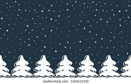 Christmas background. Seamless border. Silhouettes of white fir trees on a dark blue background. Vector illustration
