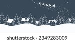 Christmas background. Seamless border. Winter landscape. Santa Claus is riding across the sky on deer with plume. White silhouettes of houses and fir trees on dark blue background. Vector 