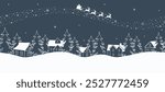 Christmas Background. Seamless Border. Winter Landscape. Santa Claus is riding Across the Sky on Deer with Plume. White Silhouettes of Houses and Fir Trees on Dark Blue Background. Vector