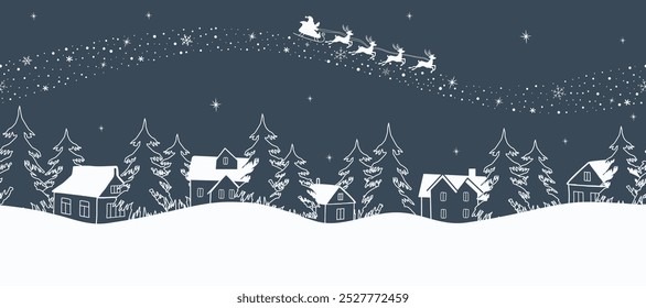 Christmas Background. Seamless Border. Winter Landscape. Santa Claus is riding Across the Sky on Deer with Plume. White Silhouettes of Houses and Fir Trees on Dark Blue Background. Vector