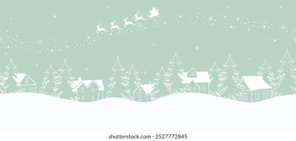 Christmas Background. Seamless Border. Winter Landscape. Santa Claus is riding Across the Sky on Deer with Plume. White Silhouettes of Houses and Fir Trees on Light Green Background. Vector