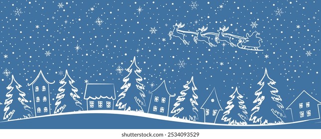 Christmas Background. Seamless Border. Winter Landscape. Santa Claus is riding Across the Sky on Deer. White Silhouettes of Houses, Fir Trees on Bright Blue Background. Vector Illustration