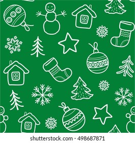 Christmas background, seamless, green. Vector background with white contour Christmas symbols on a green field. For the decoration. 