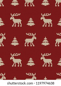 Christmas background. Seamless knitted pattern with deers and fir trees on a red background. Ornament. Vector illustration.
