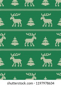 Christmas background. Seamless knitted pattern with deers and fir trees on a green background. Ornament. Vector illustration.