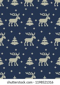 Christmas background. Seamless knitted pattern with deers, fir trees and snowflakes on a blue background. Vector illustration.