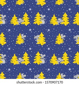 Christmas background. Seamless pattern with cheese trees and rats - a symbol of 2020. Yellow fir trees and cute mouses on a blue background. Vector illustration