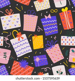Christmas background, seamless pattern with cute cartoon hand drawn gift boxes, vector doodle illustrations. Good for gift card or wrapping paper. 