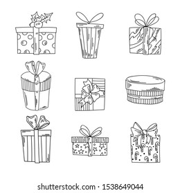  Christmas background, seamless pattern with cute cartoon hand drawn gift boxes.  