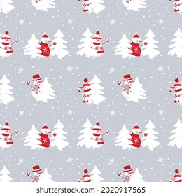 Christmas background. Seamless pattern. Cute snowmen have fun. Snowmen in red winter clothes and white fir trees. Vector illustration