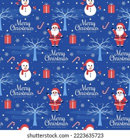 Christmas Background Seamless Pattern Design With Santa Claus, Tree, Snowman And Gifts in Template Hand Drawn Cartoon Flat Illustration