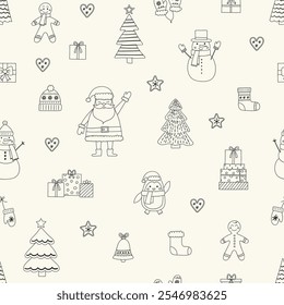 Christmas background. Seamless pattern design with hand drawn ornaments. Vector illustration