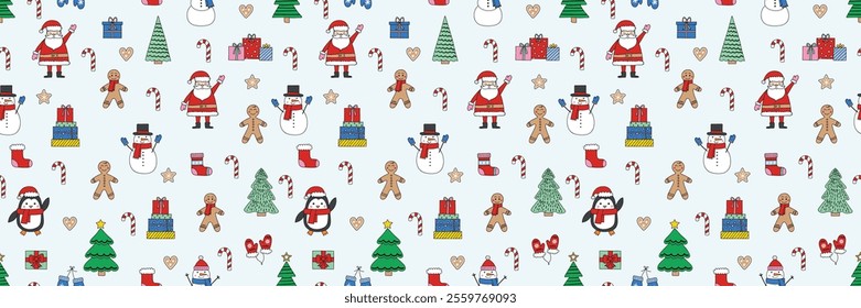 Christmas background. Seamless pattern design with hand drawn ornaments. Vector illustration