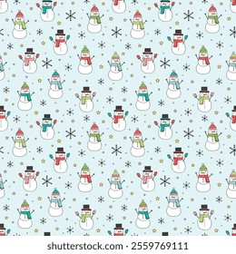 Christmas background. Seamless pattern design with hand drawn snowman. Vector illustration
